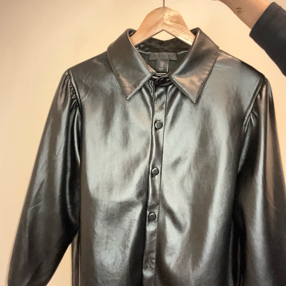 Jackets & Blazers - Black Faux Leather Button-Up Shirt